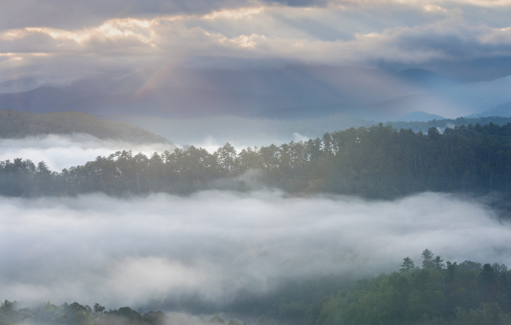 Photo of the sun lighting up the fog in the valley with "God rays" © Ken Wickham
