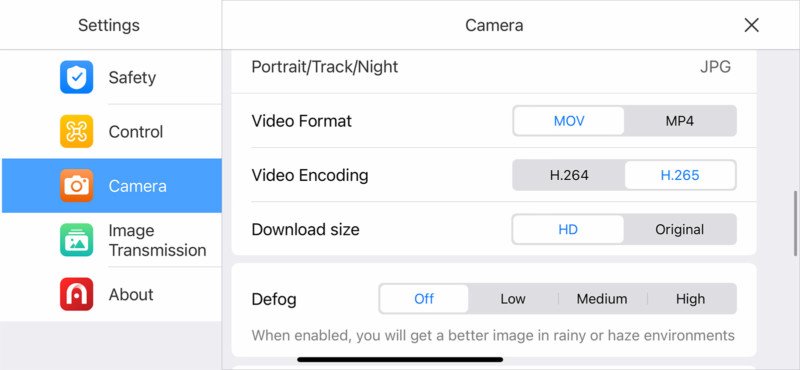 Autel Sky app general video menu settings.
